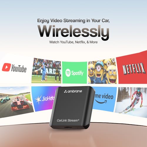Image of Ambrane 4-in-1 Wireless Android Auto & Carplay Adapter, Support Phone Mirroring, YouTube, Netflix, Converts Wired to Wireless Carplay, 4GB RAM+32GB ROM, WiFi 6, USB A & USB-C (Carlink Stream+, Black)