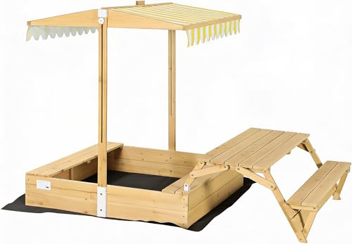 needs&wants® Bac à sable en bois avec table de pique-nique et toit, bancs et couverture, bac à sable pour enfants avec couvercle rabattable, protection UV,...