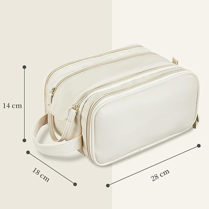 PEIPUS Portable Cosmetic Organiser Bag, Large Capacity Travel Makeup Storage Case, Double-Layer with Zipper Closure, Beige 1