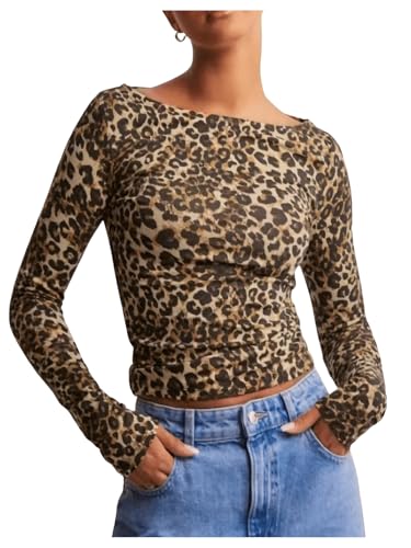 Women's Long Sleeve Leopard Print T Shirts Boat Neck Slim Fit Tee Shirts Streetwear