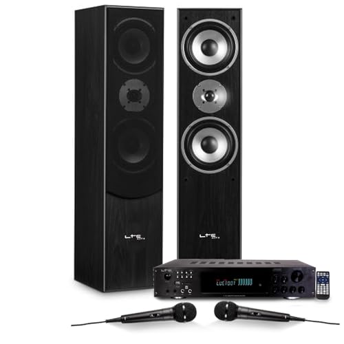 Ltc audio Pack HiFi L766-BK Home-Cinéma/Karaoké - Enceintes Colonne 700W - amplificateur 2 x 50W ATM6000BT - 2 Microphones