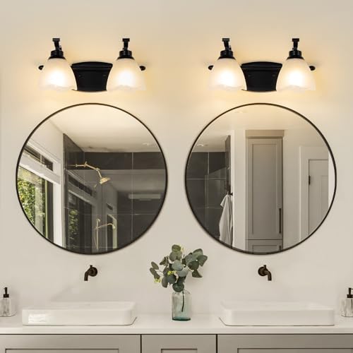 Image of Bathroom Light Fixtures (2-Light, 15 Inch), Matte Black Vanity Lights for Bathroom with White Frosted Glass Shade, Modern Vanity Wall Lights for Mirror Bedroom Living Room Hallway