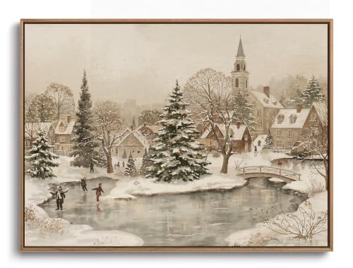 Image of Framed Vintage Christmas Village Canvas Wall Art Print 16x24in | Winter Holiday Paintings Wall Decor Cozy Rustic Pictures Artwork for Bedroom Living Room