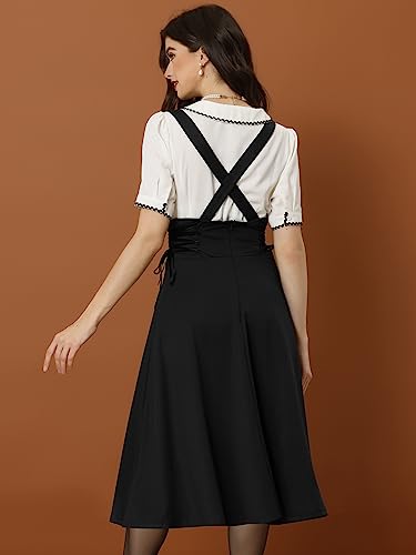 Allegra K Vintage Overall Skirts for Women's High Waisted Lace Up Flared Midi Suspender Skirt3