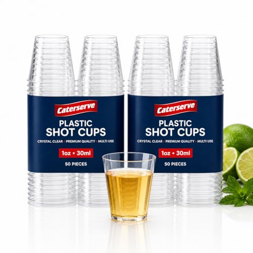 Caterserve 100 Plastic Shot Glasses - Multi Use Crystal Clear Hard Plastic Sampling Cups - 30ml - 1 oz