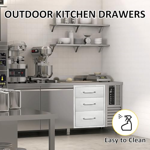 Image of Outdoor Kitchen Drawers 14 inch W x 21 inchH x 21 inchD Stainless Steel Drawer Flush Mount Triple BBQ Drawers with Chrome Handle for Outdoor Kitchen Island, Patio Grill Station
