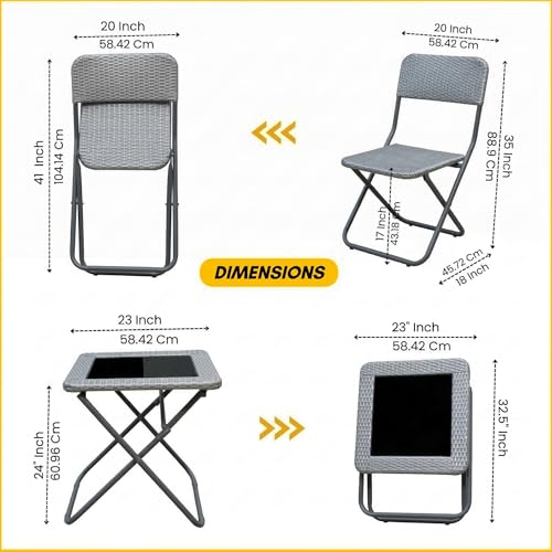 Image of DEVOKO Foldable 3-Piece Outdoor Patio Wicker Furniture Set with Glass Top Table, All-Weather HDPE Rattan, Rustproof Metal Frame for Garden, Balcony & Lawn (Silver Grey)