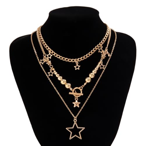 3Pcs Y2k Layered Star Pearl Necklace Sets for Women Teen Girls,14K Gold Link Chains Beaded Aesthetic Choker Necklace Party Prom Trendy Adjustable Jewelry4