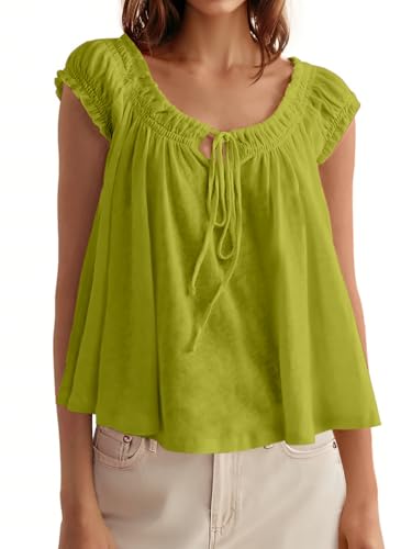 Image of Tankaneo Women Summer Tie Front Tank Tops Cap Sleeve Pleated Babydoll Tops Casual Loose Fit Going Out Flowy Shirt