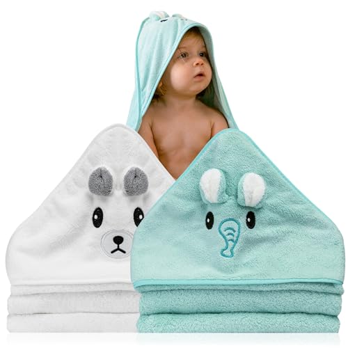 Lot de 2 serviette de bain a capuche bebe – Idée Cadeau Naissance Garçon – Cape de bain bebe animaux 0-3 ans – Sortie de bain bebe douce – serviette...