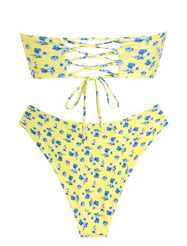 Image of ZAFUL Women's High Cut Bandeau Bikini Set Strapless Solid Color 2 Pieces Bathing Suit Swimsuit