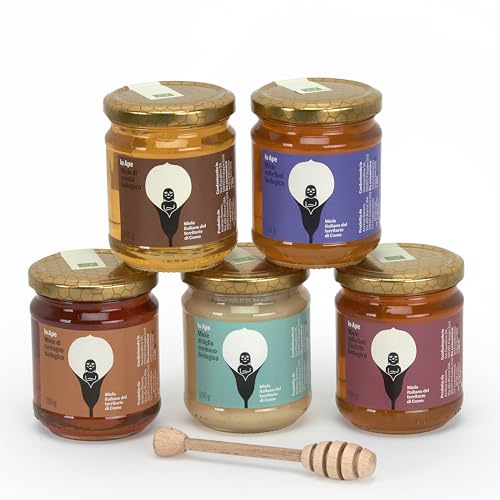 IO APE - Selección de mieles orgánicas del lago de Como - (5 x 250 g) Acacia, Castaño, Tilo Cremoso, Millefiori, Millefiori Summer - Esparcidor de miel