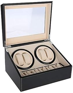 AYNEFY Automatischer Uhrenbeweger für 4 Automatikuhren 6 Raster Uhrenaufbewahrungsbox Leiser Motor (Schwarz+EU Stecker 100-240V)