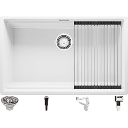 Fregadero Praga Fregadero Cocina 76x47 cm, Fregadero Granito Un Seno + enrollable escurridor + Sifón Pop-Up, Fregadero bajo encimera Prague 80 Level de Primagran, Blanco