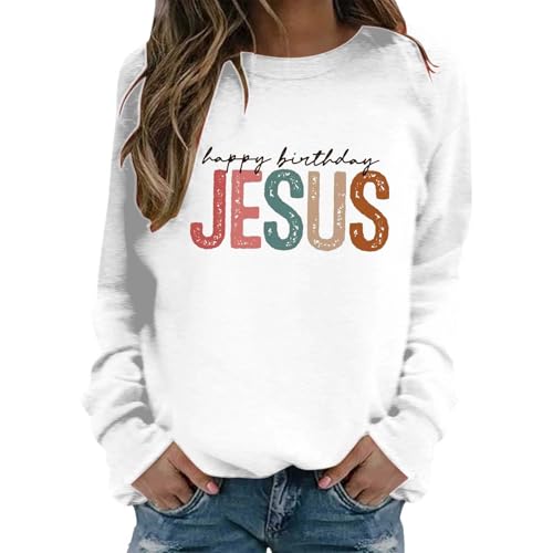 Image of Generisch Women's Letter Print Long Sleeve Crew Neck Pullover Soft Fleece Loose Fit Casual Winter Casual Sweatshirt, White, XXL