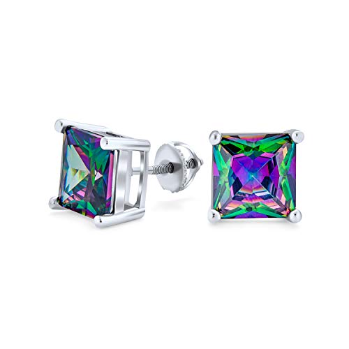 .50 Ct Cuadrado Negro Místico Arco Iris Princesa Corte Cúbico Zirconia Cz Pendientes.925 Plata De...