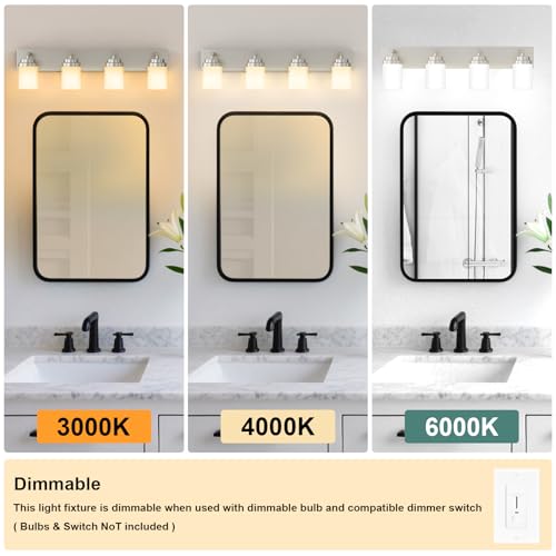 Image of IZORRO Bathroom Vanity Light Fixture, 4-Light 30 Inch Brushed Nickel Bathroom Light Fixtures Over Mirror, with White Glass Shade, Modern Farmhouse Vanity Lights, Rustic Restroom Lighting Fixtures