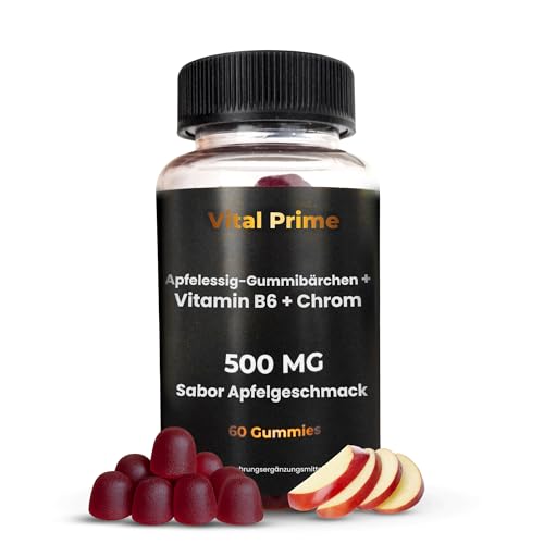 VITAL PRIME Apfelessig Gummies mit Vitamin B6 + Chrom 60 Gummies für Einen Monat | Apfelessig Gummibärchen mit Apfelgeschmack