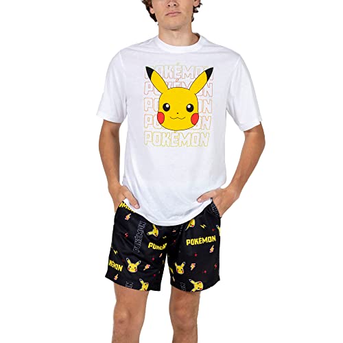 Pokemon Pikachu Big Face Men's Crew Neck Short Sleeve Tee & Sleep Pajama Shorts Combo Set-XL White