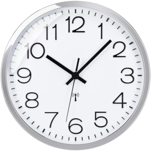 Epochic Funkuhr Wanduhr Ohne Tickgeräusche Lautlos 30cm Groß Moderne Wanduhr Funk Batteriebetrieben Einfach zu Lesen für Zimmer Zuhause Küche Schlafzimmer Büro (Silber)