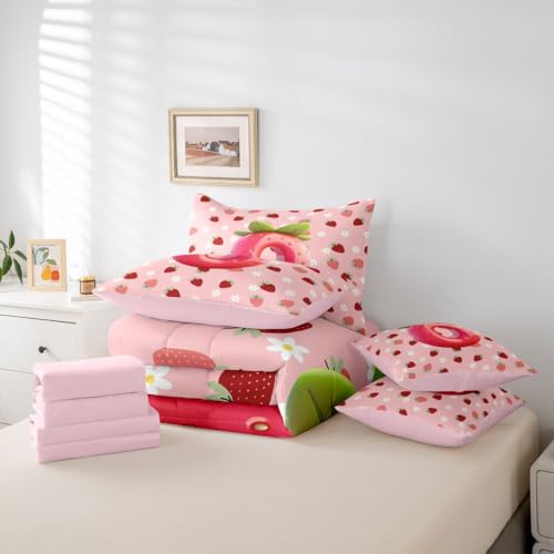 Image of Feelyou Girls Pink Red Strawberry Comforter Set with Sheets 7 Piece Full Size Initial Letter O Bed in a Bag Kids Boys Girls Princess Strawberry Bedding Set Bedroom Decor