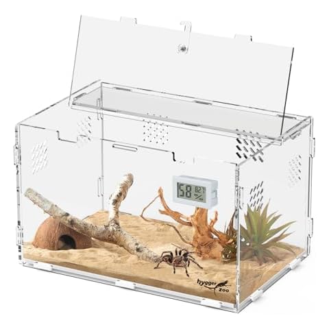Hygger zoo Reptile Terrarium Acrylic Horizontal,Tarantula Spider Enclosure Habitat with Thermohygrometer and Locking Latch for Small Lizards,Spiders,Snakes,Praying Mantis,Hermit Crab (11.8 * 7.8 * 7) Cover