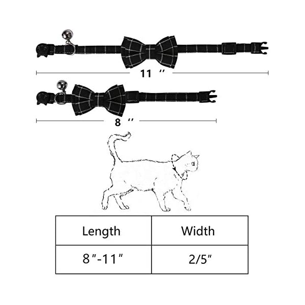 Slson 2 pack breakaway cat collar with bell and bow tie plaid kitten collar for cats and small dogs pets adjustable from 8-11in, black and grey - image 4