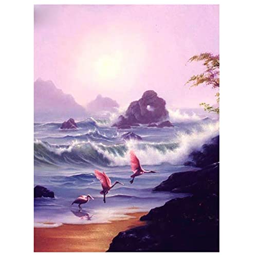 Kit d'art diamant oiseau rose vagues mer strass cristal 30x40cm