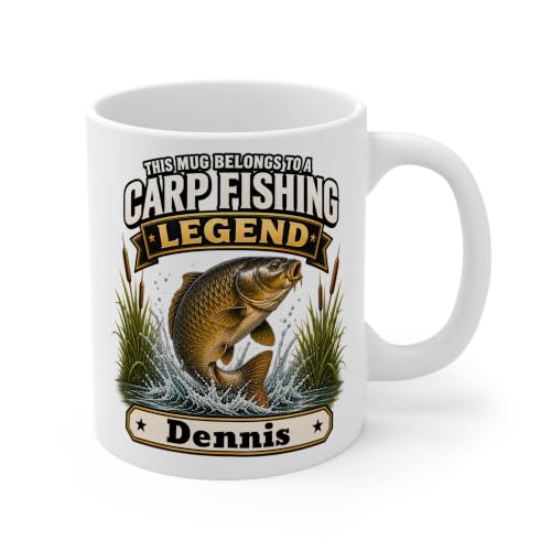 Image of TheMugVault Personalised Carp Fishing Mug, Fishing Legend Gift, White 11oz