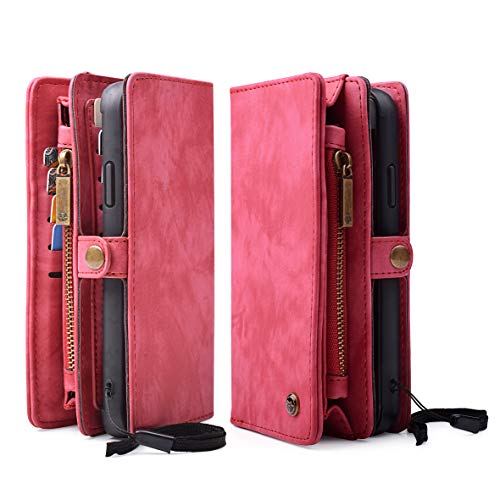 Zttopo Iphone Xr Wallet Case, 2 In 1 Leather Zipper Detachable Magnetic 11 Card Slots Card Slots Money Pocket Clutch Cover With Free Screen Protector For 6.1 Inch Iphone Case -Red #TOP1