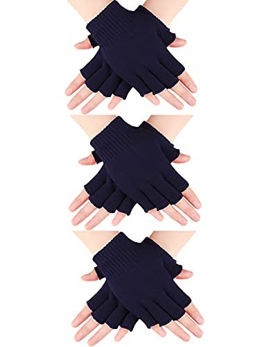 SATINIOR 3 Pairs Women Fingerless Gloves Winter Half Finger Knit Gloves for Men (Navy Blue), M