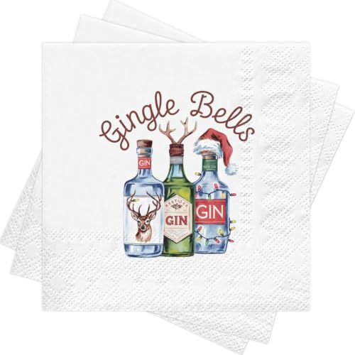 RUSPEPA 25 Pcs Christmas Gin Napkin Paper, 3 Ply Jingle Bells Gin Bottle Design Disposable Cocktail Napkins for Adults, Holiday Party, Bar Cart Decor, White Elephant, Xmas Table Supplies, 5 x 5 Inch