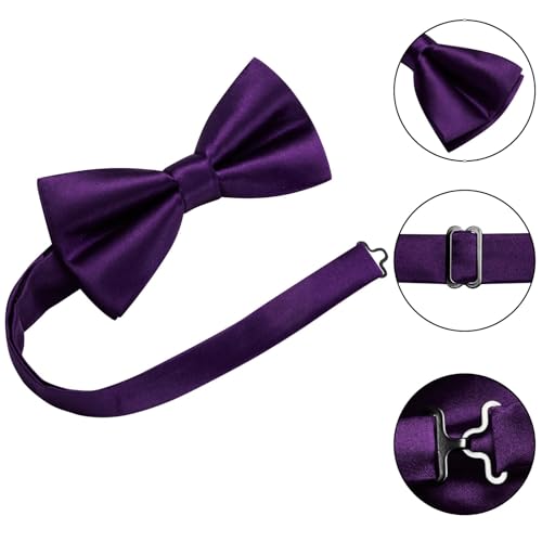 Image of Hi-Tie 5Pcs Mens Solid Color Silk Tie Satin Pretied Bowtie Lapel Pin for Men Handkerchief Cufflink Wedding Gift Box