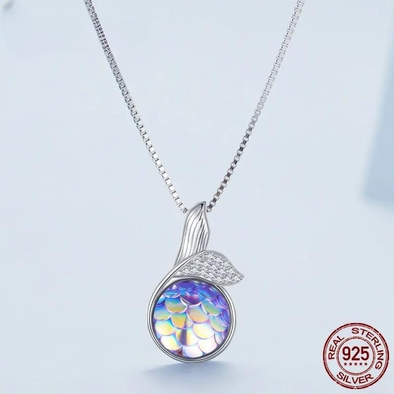 Vista 6 de 925 Sterling Silver Colorful Mermaid Fishtail Pendant Necklace And Opening Ring Jewelry Set for Women Birthday Jewelry, Blue Zirconia Mermaid Fish