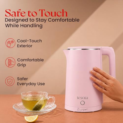 Image of Tesora by Cook with Parul Electric Kettle, 1.8L, 12 Recipes Book Included, 1500W, 100% Stainless Steel Inner Body, Auto Shut-Off, Boil-Dry & Overheat Protection, Cool Touch Double Wall (Pink)