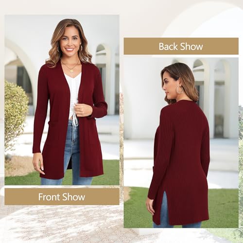 Image of Women's Cardigan Sweaters V-Neck Long Sleeves with Two Pockets Side Split Hem Open Front Knit Casual Cardigan