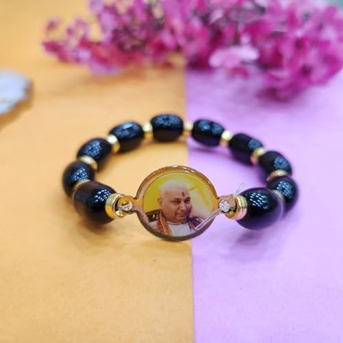 SATVIK 5 Pc Jai Guruji Black Oval Pearl Bracelet | Handmade Bracelets for Men & Women | Guruji Swaroop Centerpiece | Positive Vibes | Shukrana Satsang | Wristband Gift2