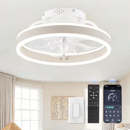 Image of ZMISHIBO Low Profile Ceiling Fans with Lights and Remote, 13 Inch Fandelier Ceiling Fan with Light, White Modern Flush Mount Ceiling Fan, Small Dimmable LED Fan Lights for Bedroom