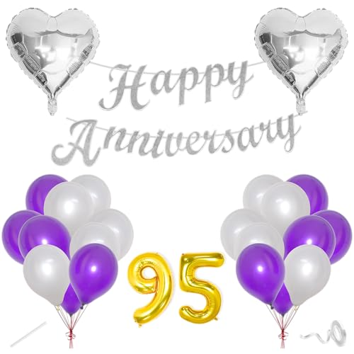Image of Flyloons 95th Happy Anniversary Decoration Items Purple for Men Women Husband Wife Mom Dad Parent Couple Home Bedroom Car With 20 Pcs Metallic Balloons Anniversary Banner 2 Pcs Heart Set Kit