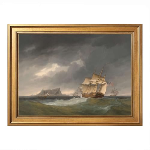 Framed Vintage Wall Art Stormy Sea Sailing Ships Poster Canvas