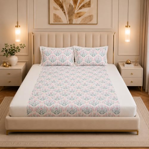 Image of Linen Home Cotton Percale Fitted Bedsheet Set Double Size Sequence Pink