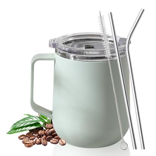 Kytpyi Tazzine Caffe, Tazza Termica, 450ml Doppio Strato Antiscottatura Termos Caffè con Coperchio 2 Cannuccia 1 Pennello, Acciaio Inossidabile Bicchiere Termico per Casa Scuola Ufficio (Verde)
