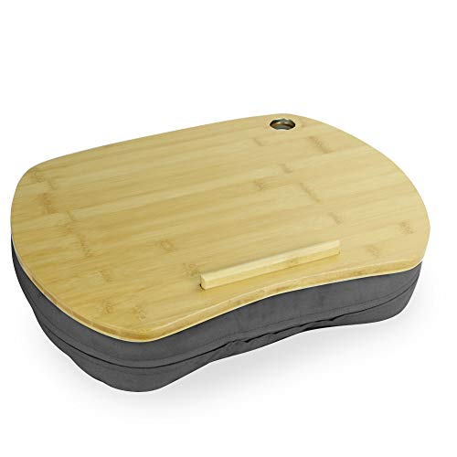 Base acolchada para portátil| Mesa de portatil de bambú | Mesa portátil, soporte para teléfono y tablet antideslizante| Hueco para cables y tiras antideslizante | Se adapta hasta 15.6 ”| M&W