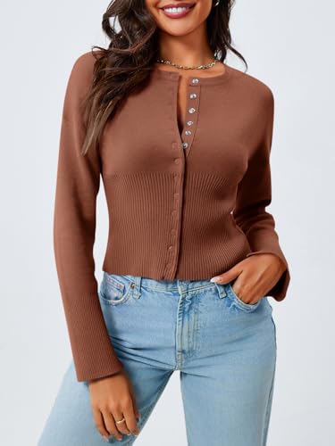 Image of Saodimallsu Womens Cropped Sweaters Cardigan | Button Down,Long Sleeve,V Neck,Ribbed Knit,Slim Fit ,Pullover Crop Tops