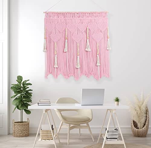 Sebkq Large Macrame Wall Hanging, Pink Hearts Boho Woven Tapestry With Wooden Beads For Bedroom, Apartment, Dormitory, Room Background Wall Decoration(35.4In×40.2In) #TOP3