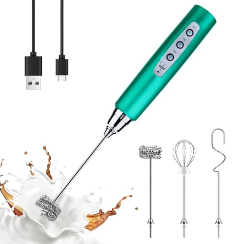 Image of YUSWKO Turquoise Handheld Milk Frother Wand for Coffee, Rechargeable Electric Whisk with 3 Heads 3 Speeds Drink Mixer Coffee Frother For Latte, Cappuccino, Hot Chocolate, Egg