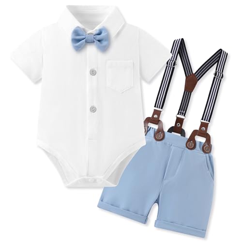 Image of WESIDOM Baby Boy Clothes Suit 0-24 Months Gentleman Outfits, Short Sleeve Dress Romper+Bowtie+Detachable Suspender Shorts Set