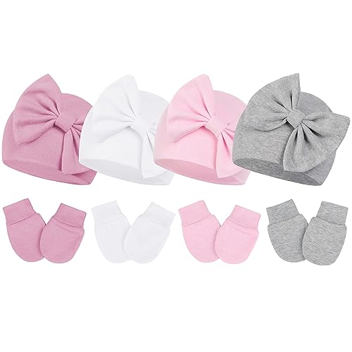 Image of Zando Baby Hats Newborn Girl Hat with Big Bow Cotton Baby Beanie Hat and Mitten Set Baby Beanies Newborn Hospital Hat Infant Baby Winter Hat for Girls Boys Hats 4 Pack 3 0-3 Months
