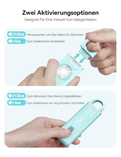 TECKNET Persönlicher Sirenen für Frauen, 130dB Siren & Strobe LED Light Schlüsselanhänger, wiederaufladbar Selbstverteidigung Panikalarm Persönliche Sicherheit für Frauen, Kinder, Senioren（Blau）
