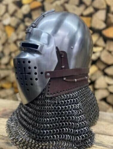Bascinet Spoleto 18 Gauge Steel Helmet Armored Combat & Reenactment Helmet | LARP Battle Armor with Chainmail Helmet